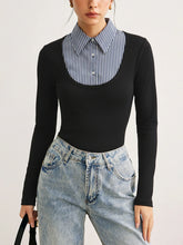 Striped Shirt Panel Long-Sleeve Knit Top